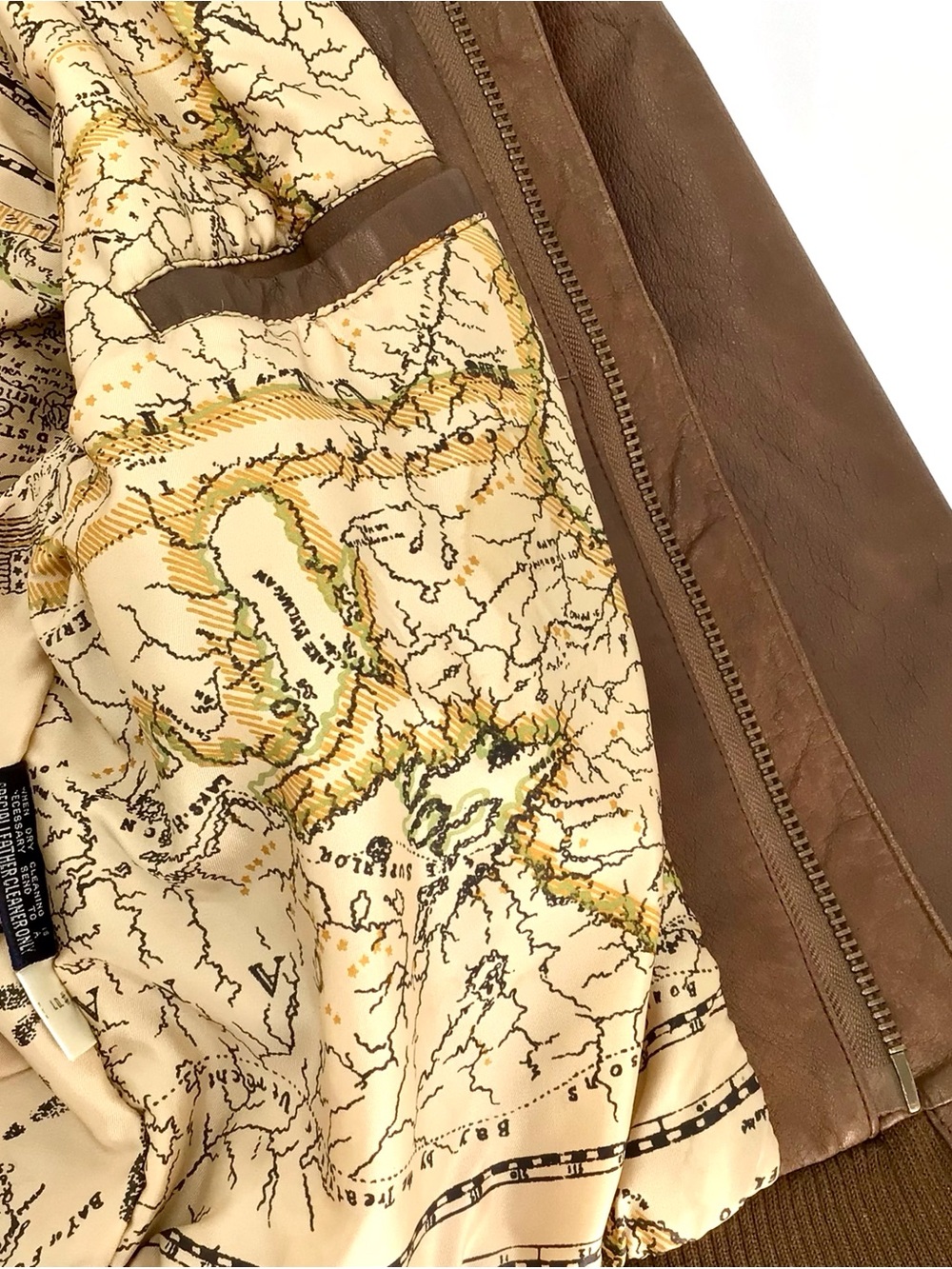 Hunters Vintage Run Bomber Jacket Mens Brown Leather Map Lining Full Zip Medium - Picture 10 of 16